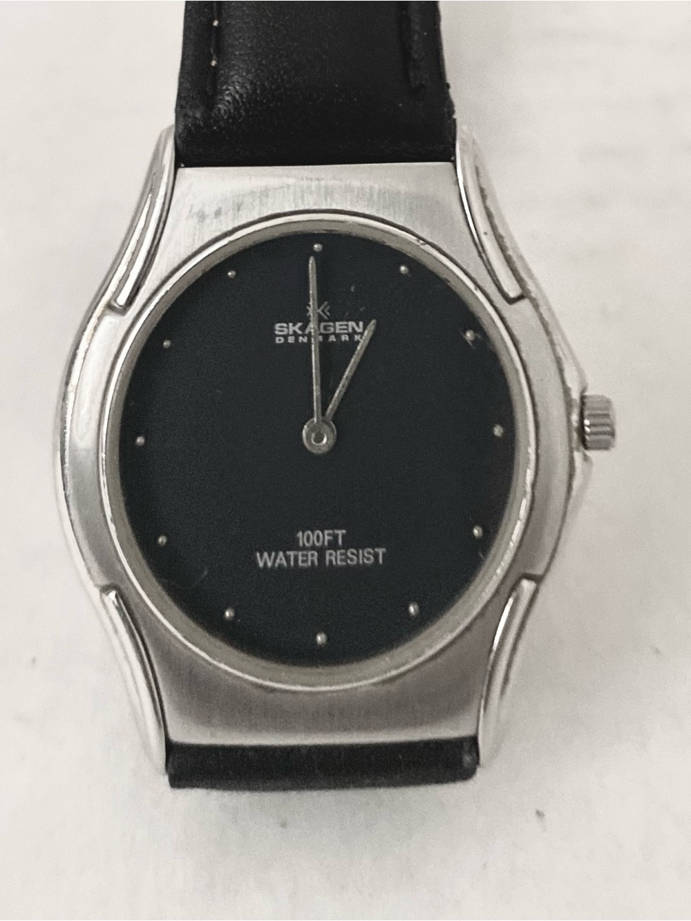 Skagen Unisex Quartz Silver Case Black Dial Watch with Black Leather Strap